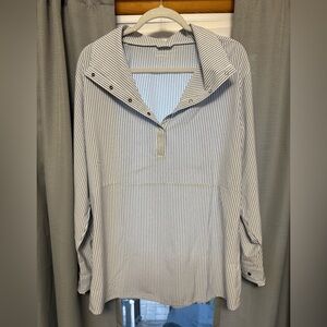 Coolibar Navy and White Striped Half Button-Up Shirt